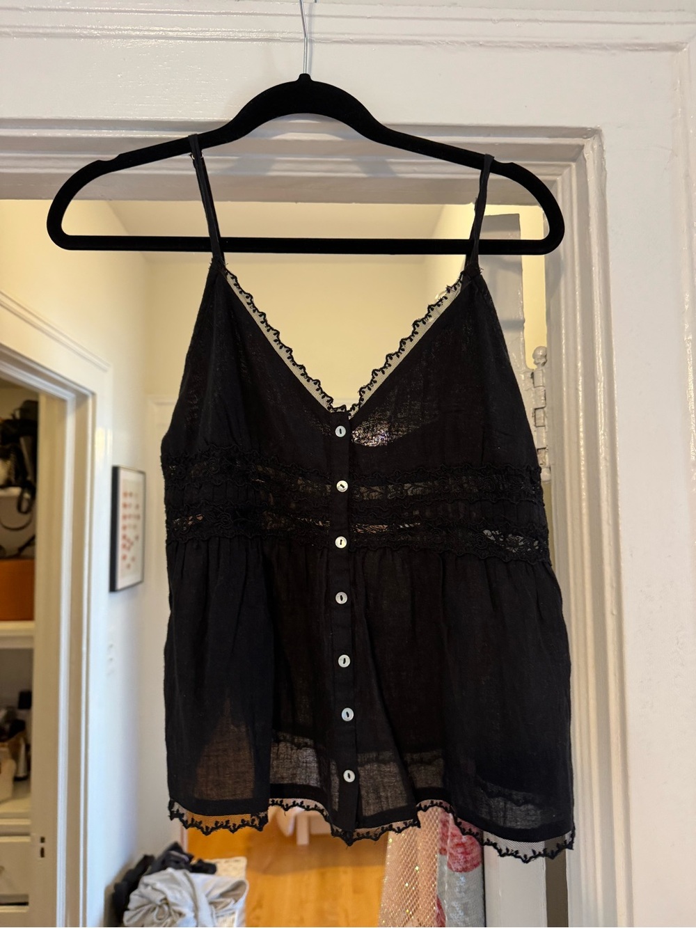 Zara Black Lace-Trim Button-Front Cami Tank